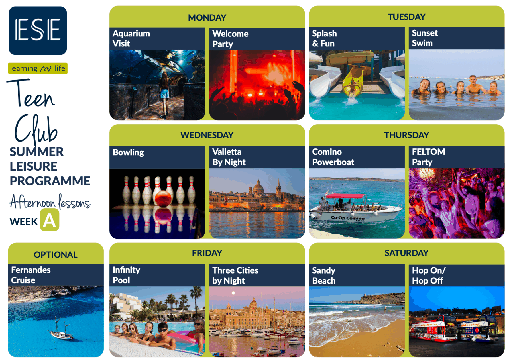 Teen Club 14–17 rokov – ukážkový týždenný program aktivít ESE Malta