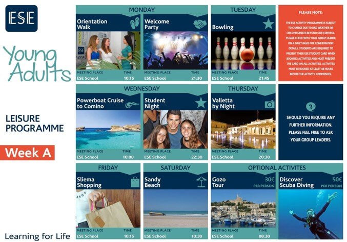 2-týždňový program aktivít Young Adults ESE Malta – ukážka harmonogramu